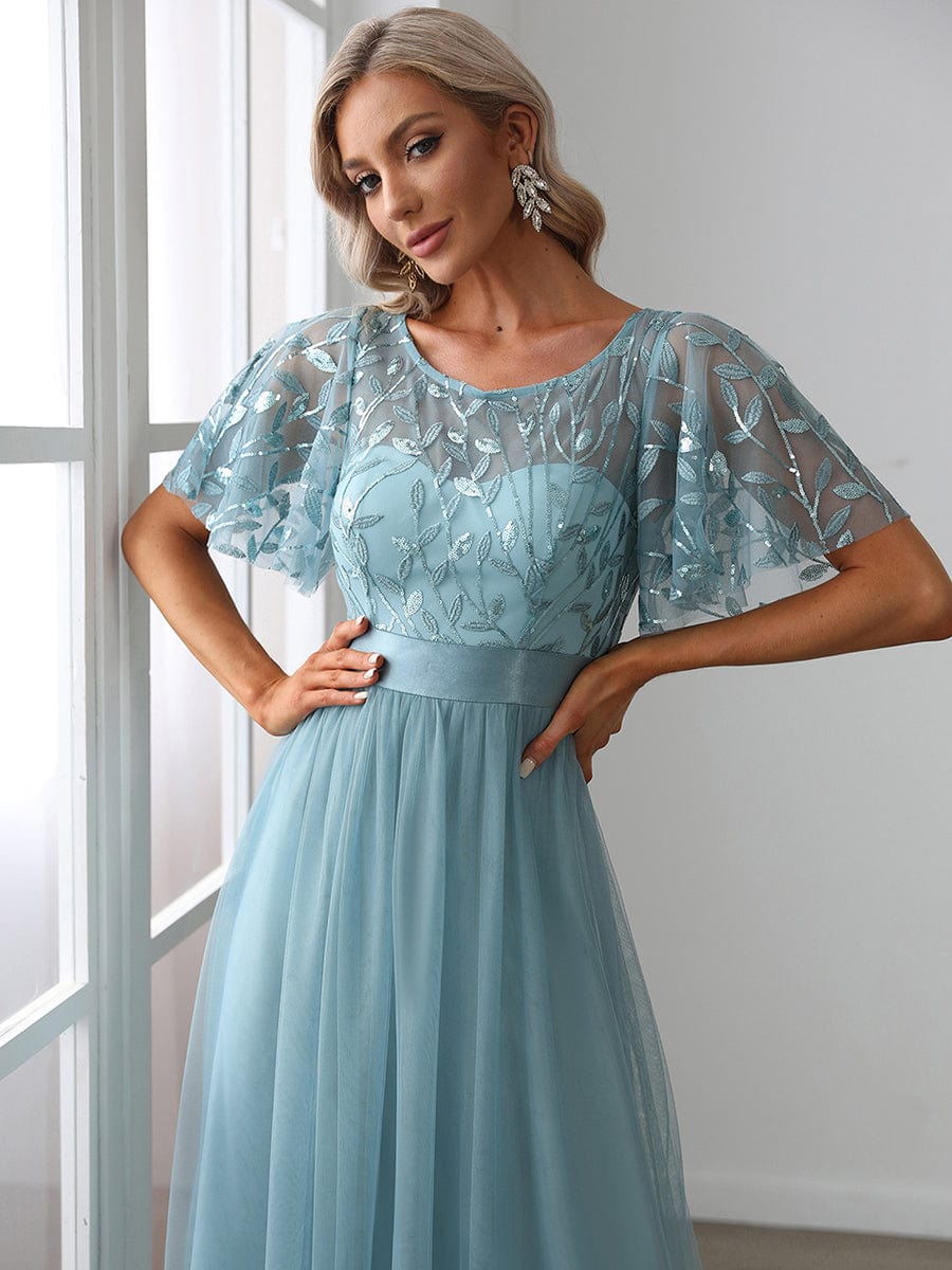 Glittering Sequin Evening Gown with Cap Sleeves and Waist Detail
