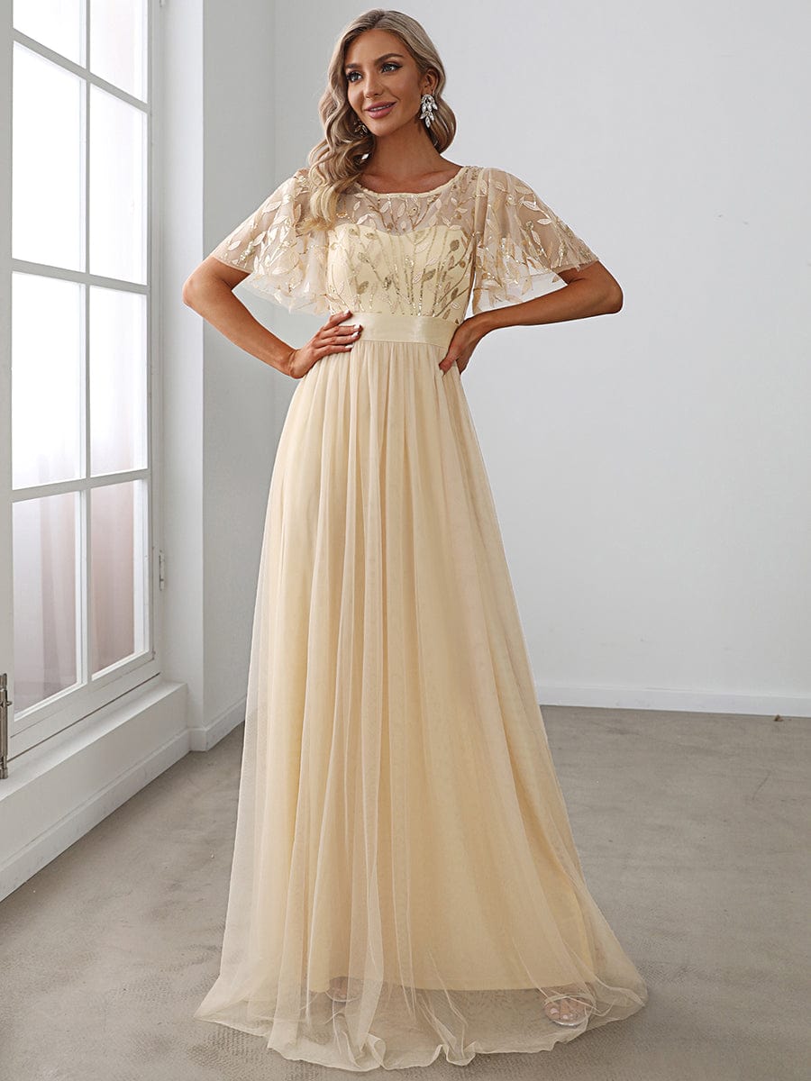 Glittering Sequin Evening Gown with Cap Sleeves and Waist Detail