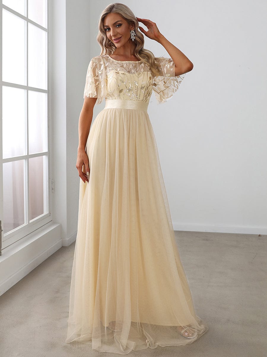 Glittering Sequin Evening Gown with Cap Sleeves and Waist Detail