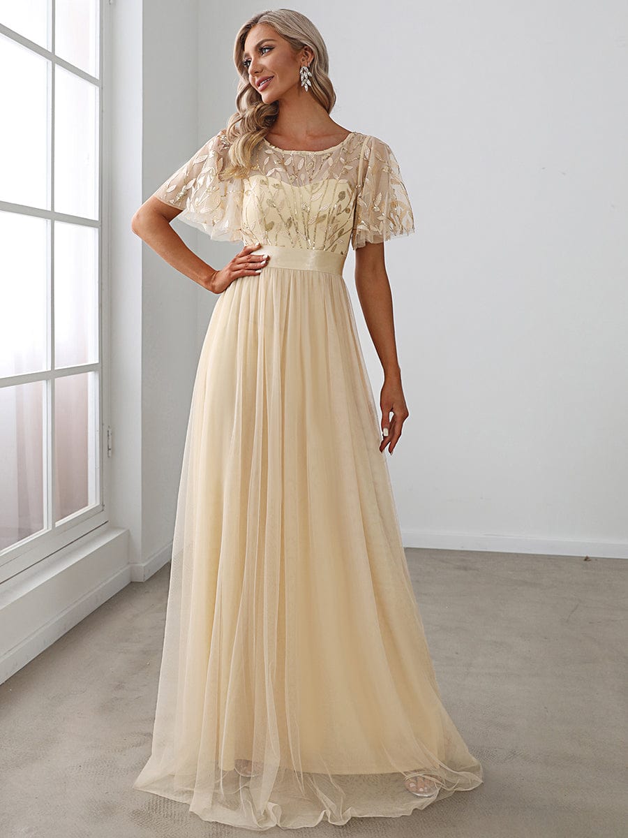 Glittering Sequin Evening Gown with Cap Sleeves and Waist Detail