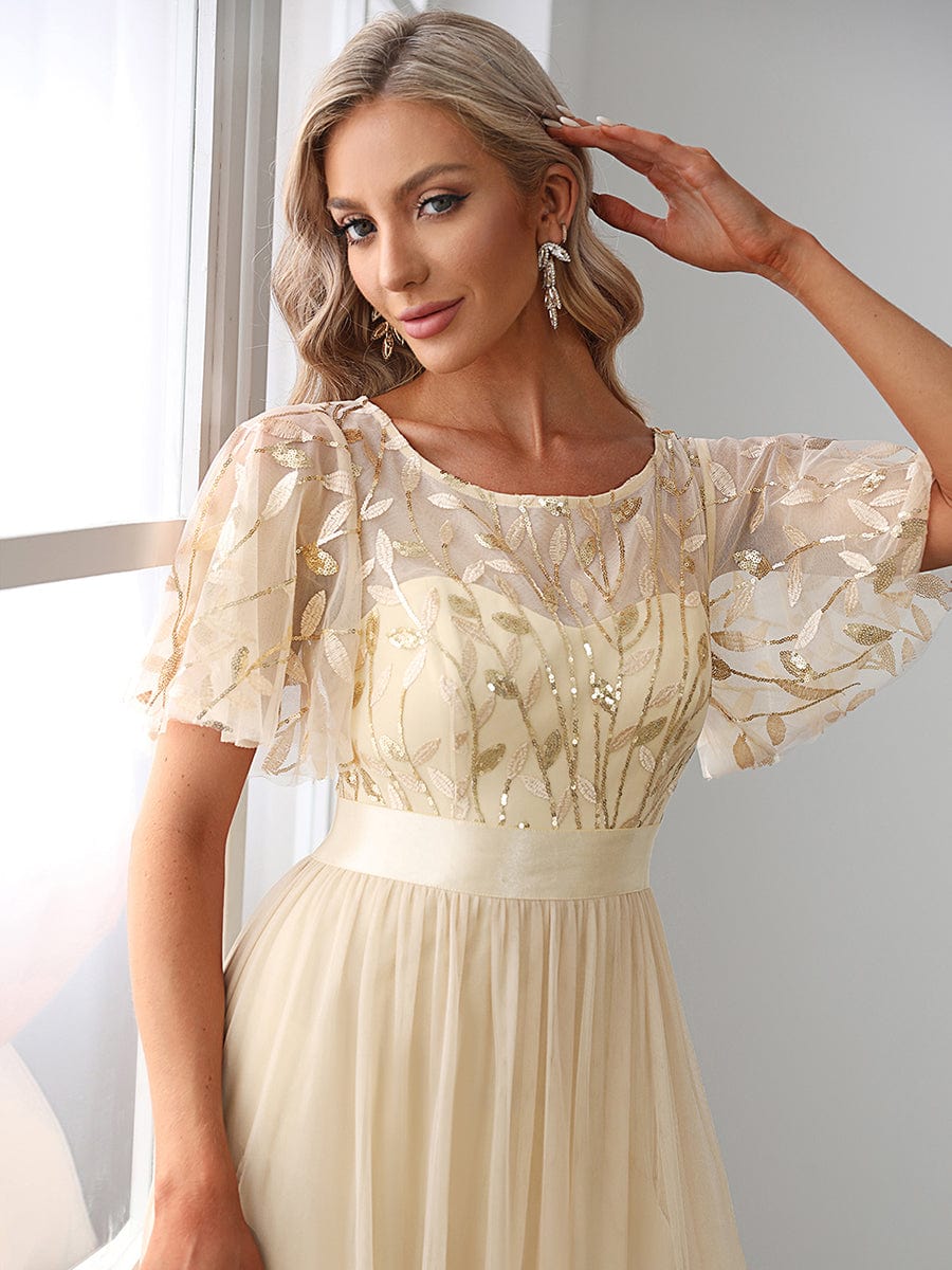 Glittering Sequin Evening Gown with Cap Sleeves and Waist Detail