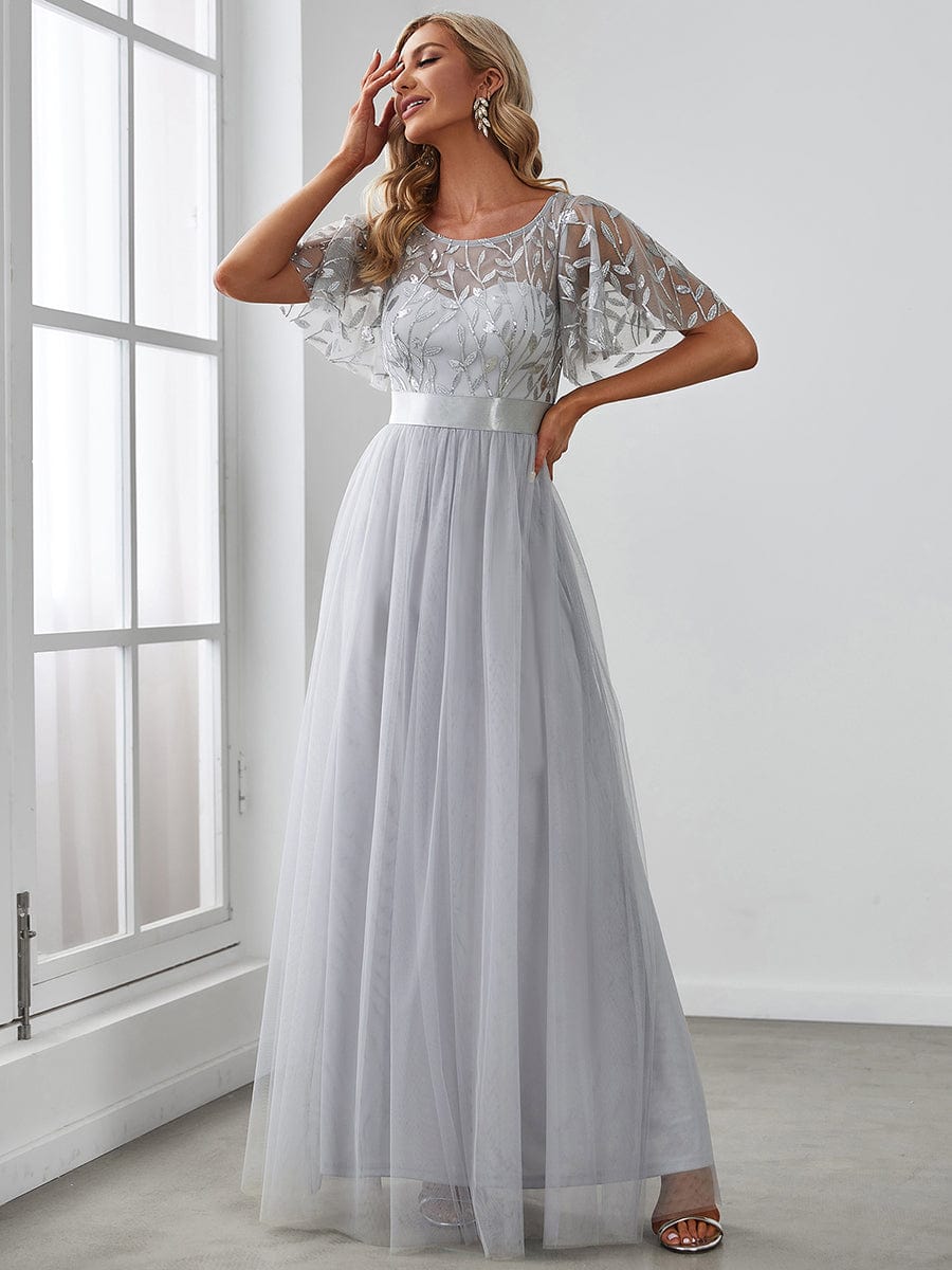 Glittering Sequin Evening Gown with Cap Sleeves and Waist Detail