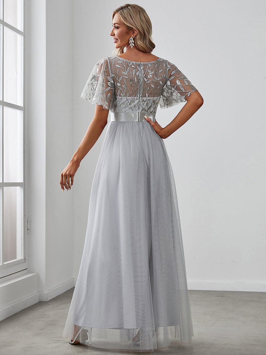 Glittering Sequin Evening Gown with Cap Sleeves and Waist Detail