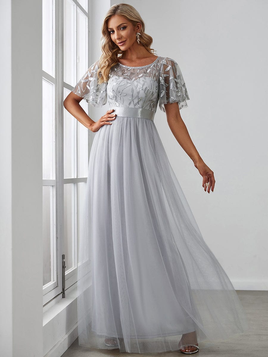 Glittering Sequin Evening Gown with Cap Sleeves and Waist Detail