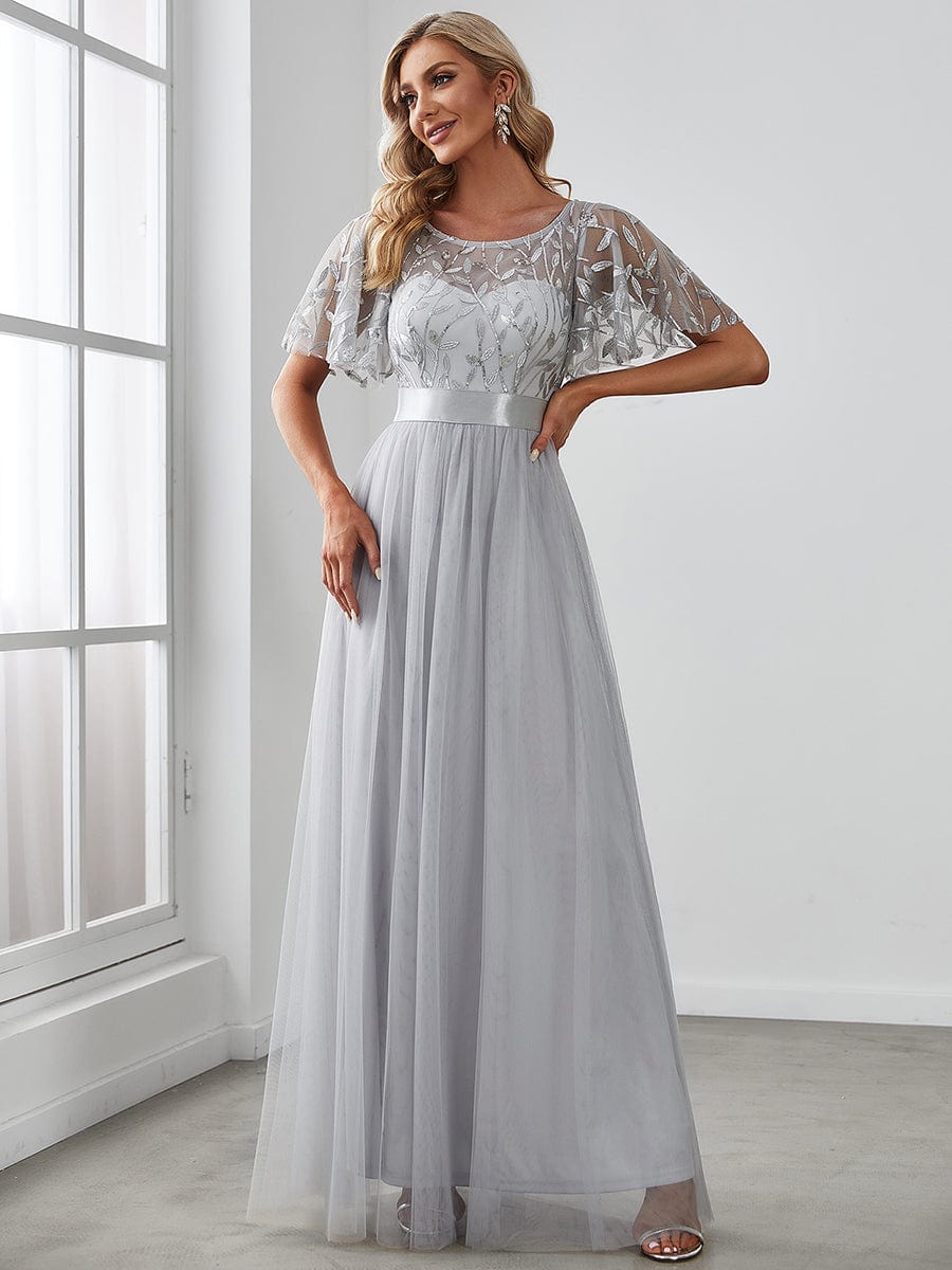 Glittering Sequin Evening Gown with Cap Sleeves and Waist Detail