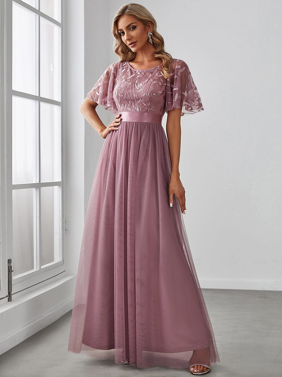 Glittering Sequin Evening Gown with Cap Sleeves and Waist Detail