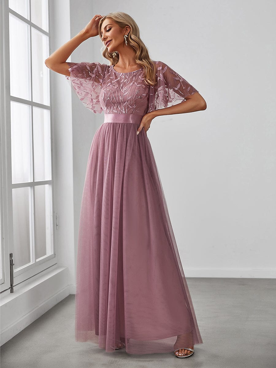 Glittering Sequin Evening Gown with Cap Sleeves and Waist Detail