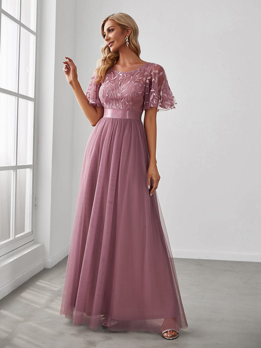 Glittering Sequin Evening Gown with Cap Sleeves and Waist Detail
