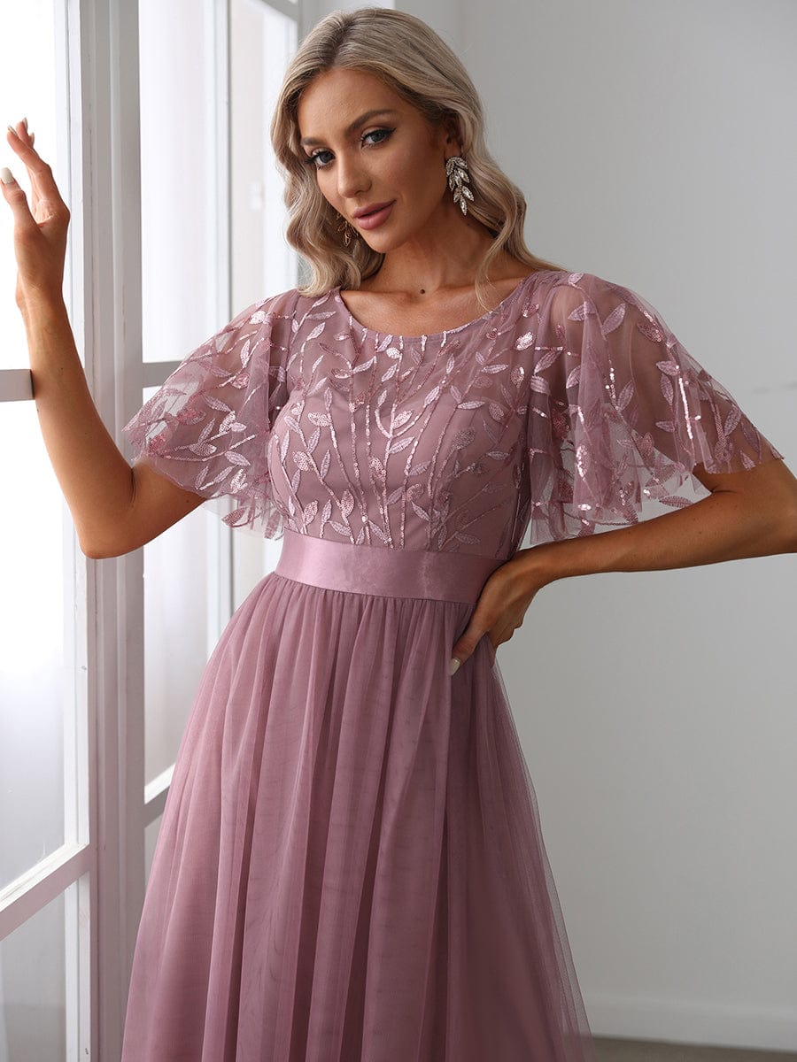 Glittering Sequin Evening Gown with Cap Sleeves and Waist Detail