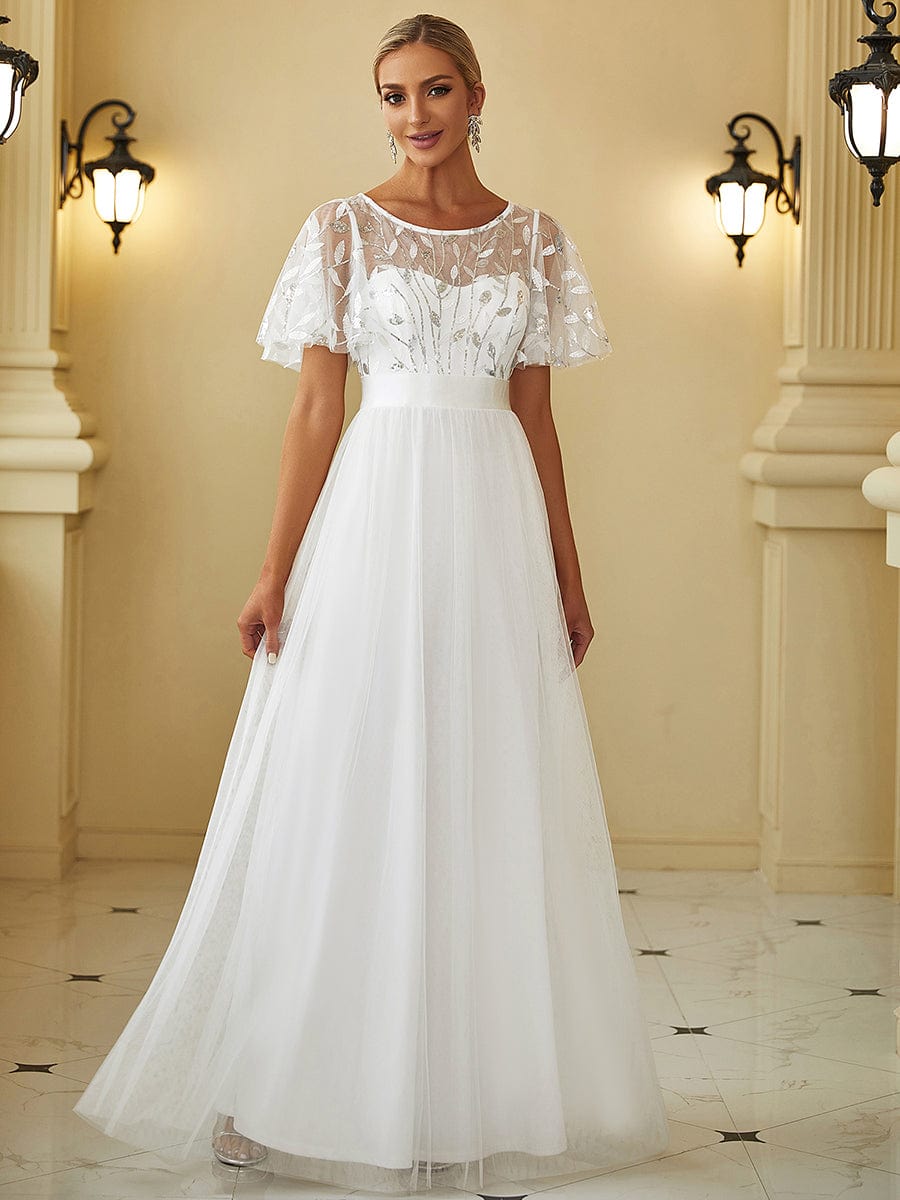 Glittering Sequin Evening Gown with Cap Sleeves and Waist Detail