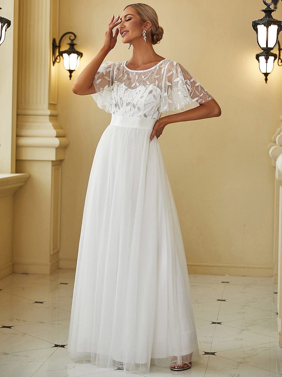 Glittering Sequin Evening Gown with Cap Sleeves and Waist Detail