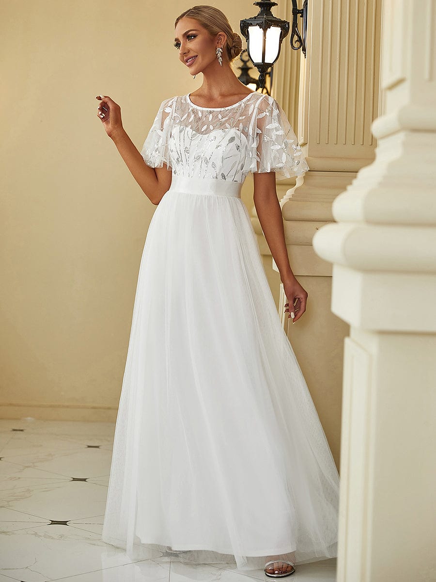 Glittering Sequin Evening Gown with Cap Sleeves and Waist Detail