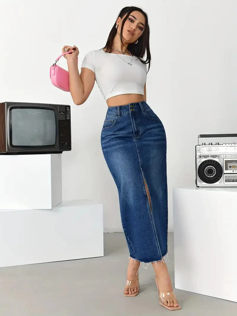 Split Denim Midi Skirt with High Waist and Stylish Slant Pockets