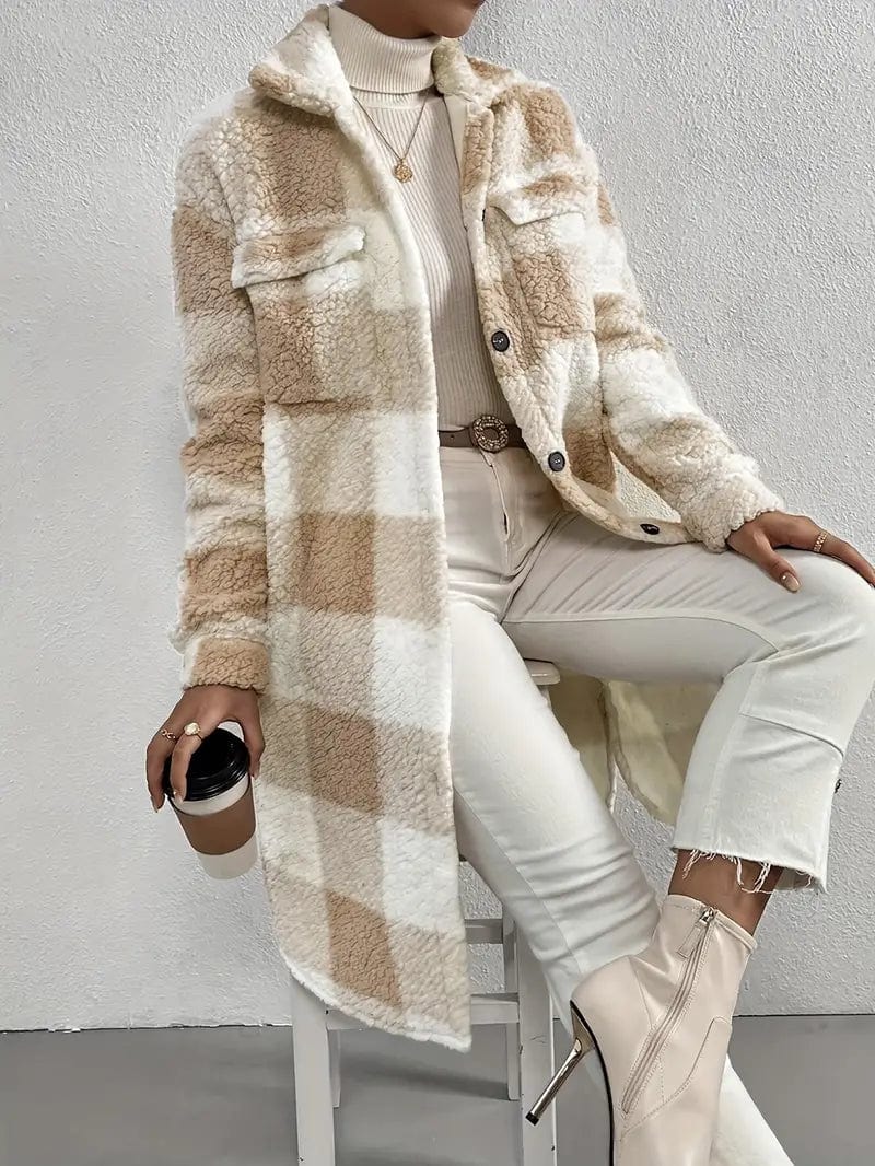 Plaid Pattern Teddy Coat, Stylish Open Front Long Sleeve Outerwear, Women's Garment