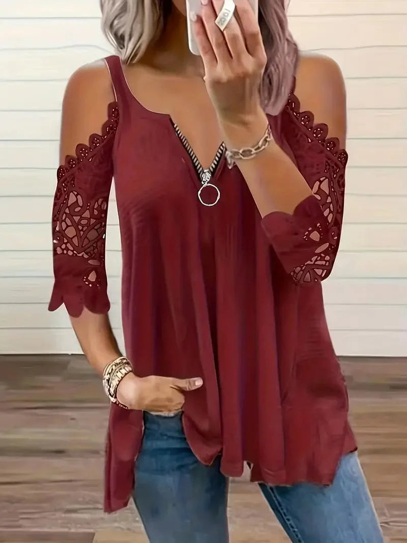 Zipper Detail Cold Shoulder Lace Top, Stylish V Neck Short Sleeve T-Shirt, Everyday Casual Women's Top