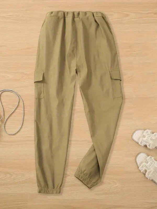 Solid Drawstring Cargo Pants for Y2K, Elastic Waist Casual Trousers With Pockets, Women's Clothing