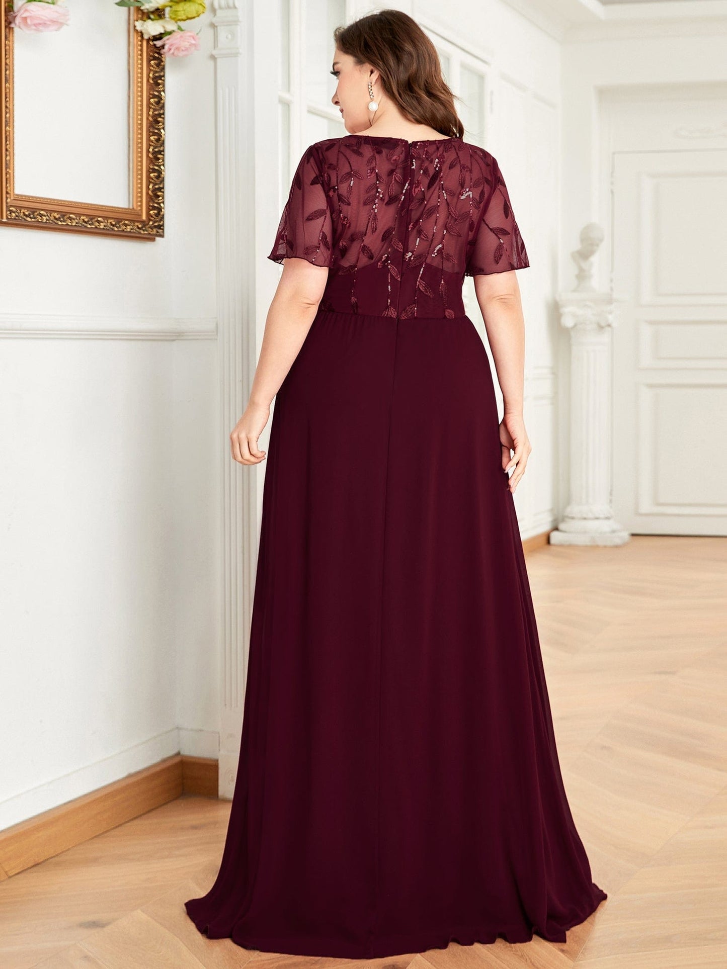 Elegant Floral Sequin Plus Size Evening Gown with Cap Sleeves