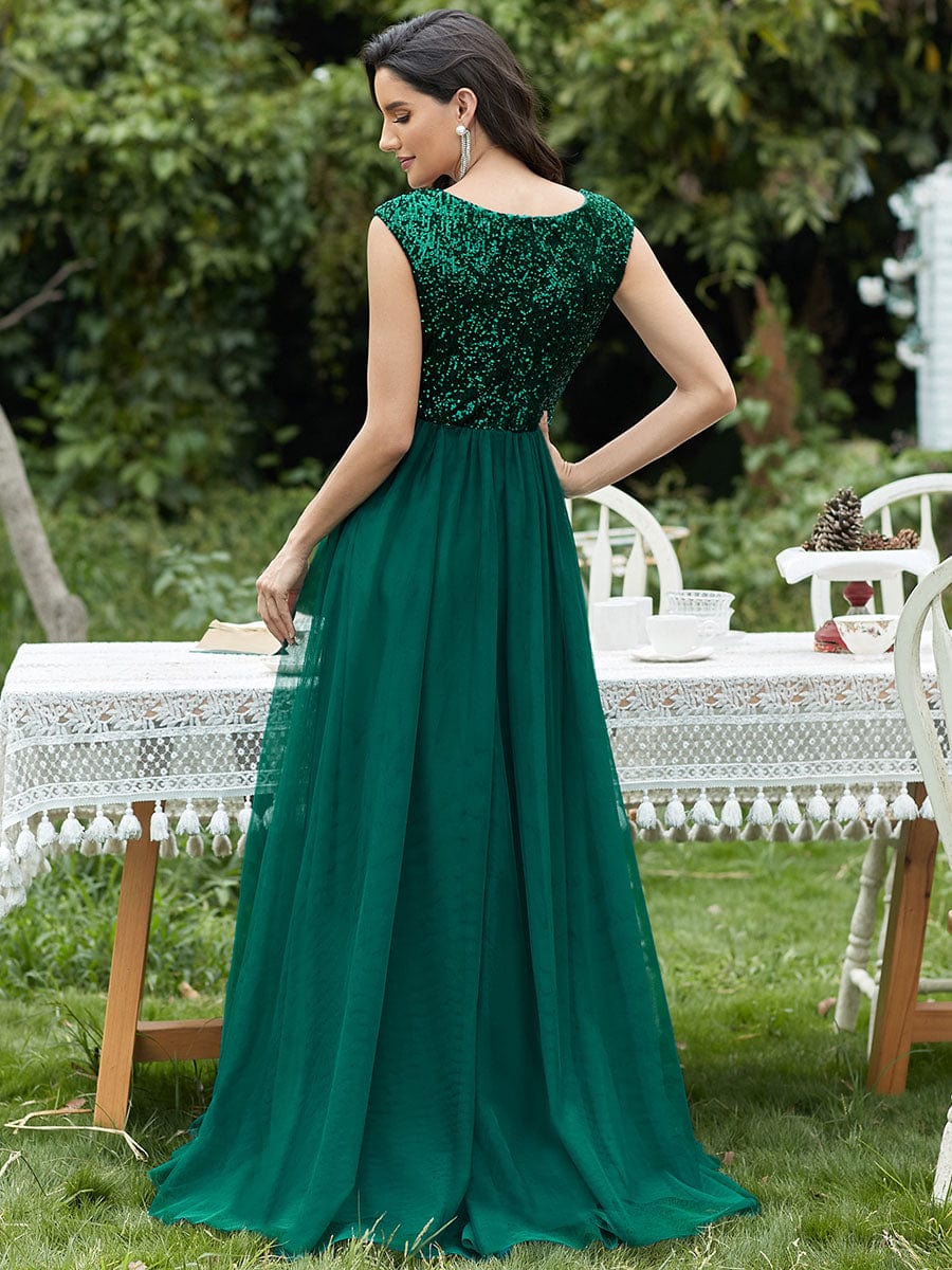 A-Line V-Neck Sequin Dress Women's Floor-Length Prom Dresses