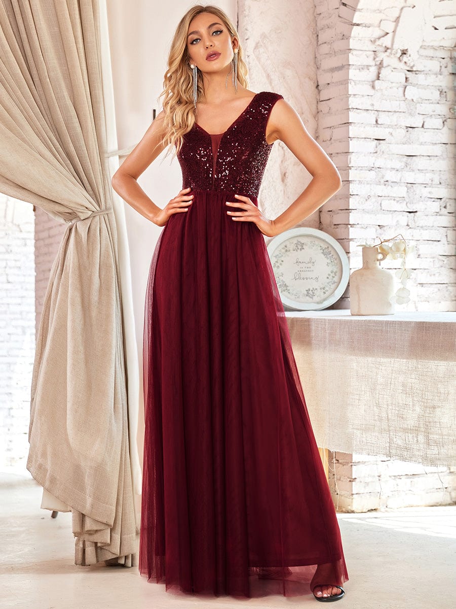 A-Line V-Neck Sequin Dress Women's Floor-Length Prom Dresses