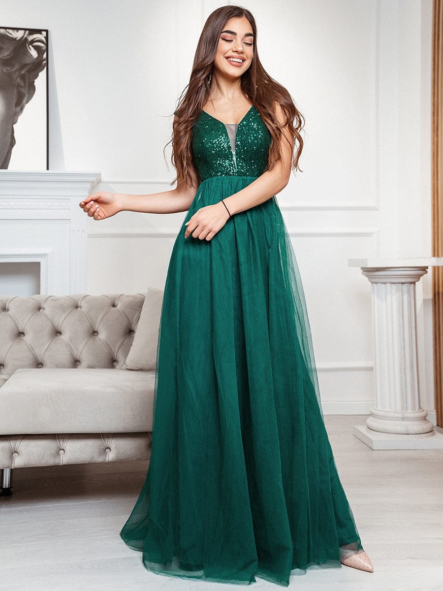 A-Line V-Neck Sequin Dress Women's Floor-Length Prom Dresses