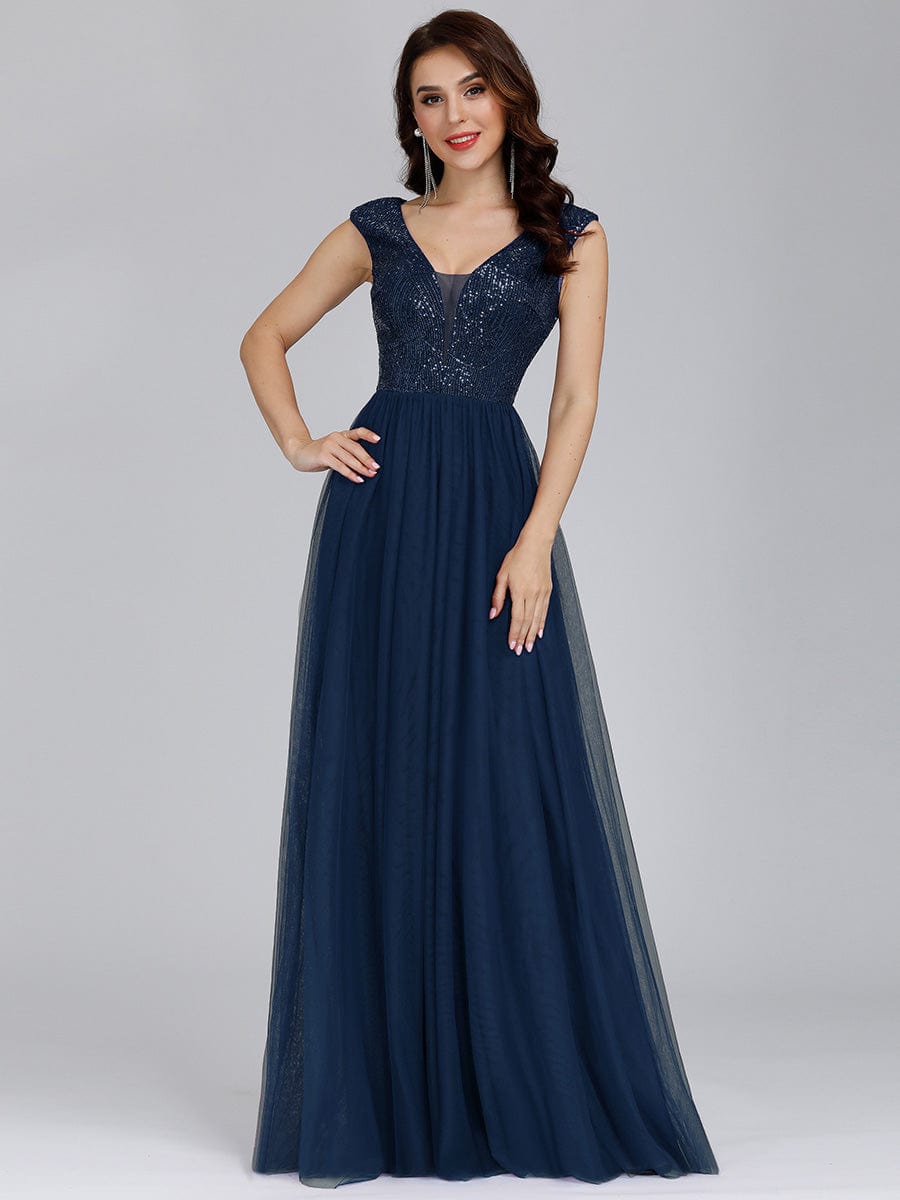 A-Line V-Neck Sequin Dress Women's Floor-Length Prom Dresses