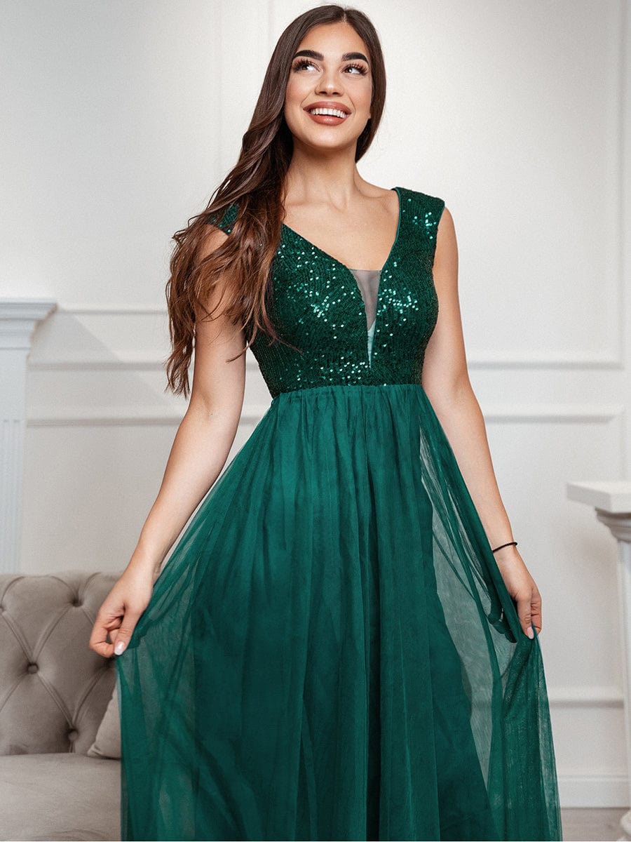 A-Line V-Neck Sequin Dress Women's Floor-Length Prom Dresses