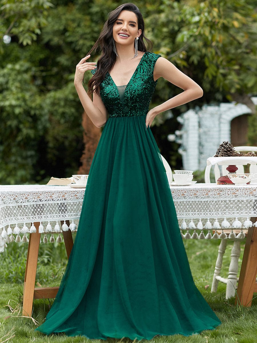 A-Line V-Neck Sequin Dress Women's Floor-Length Prom Dresses