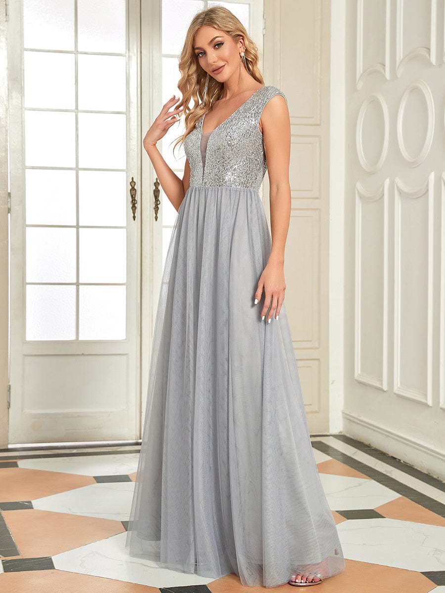 A-Line V-Neck Sequin Dress Women's Floor-Length Prom Dresses