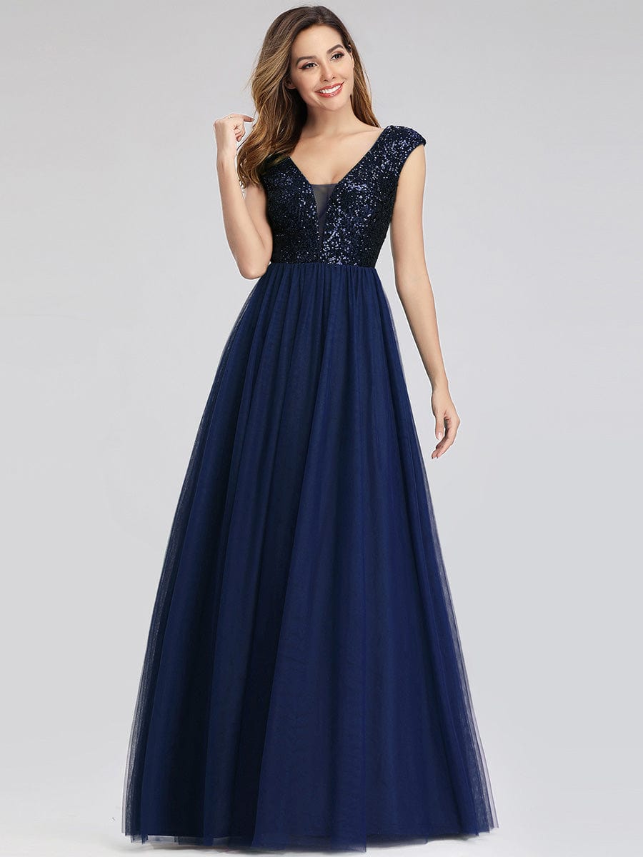 A-Line V-Neck Sequin Dress Women's Floor-Length Prom Dresses