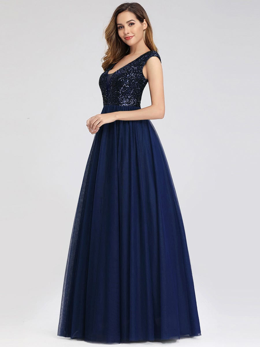 A-Line V-Neck Sequin Dress Women's Floor-Length Prom Dresses