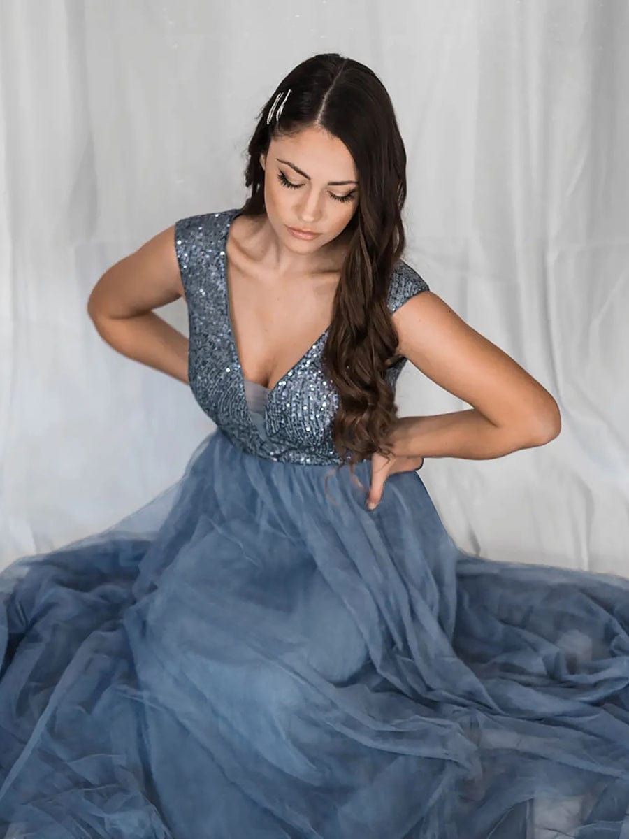 A-Line V-Neck Sequin Dress Women's Floor-Length Prom Dresses