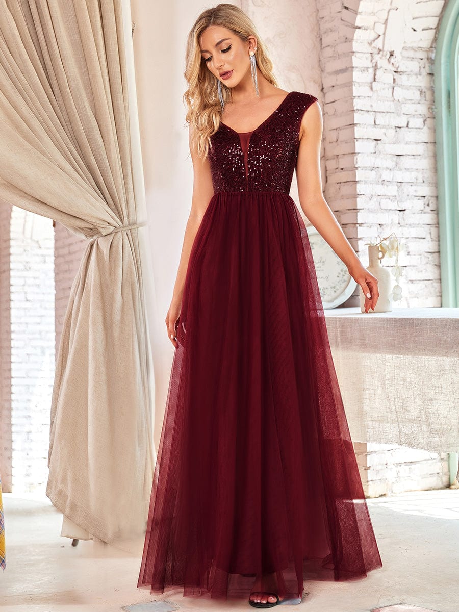 A-Line V-Neck Sequin Dress Women's Floor-Length Prom Dresses