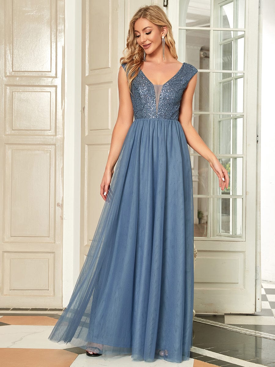 A-Line V-Neck Sequin Dress Women's Floor-Length Prom Dresses