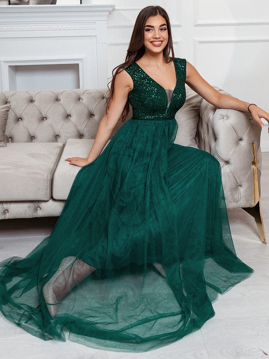 A-Line V-Neck Sequin Dress Women's Floor-Length Prom Dresses