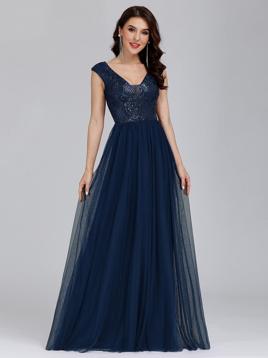 A-Line V-Neck Sequin Dress Women's Floor-Length Prom Dresses