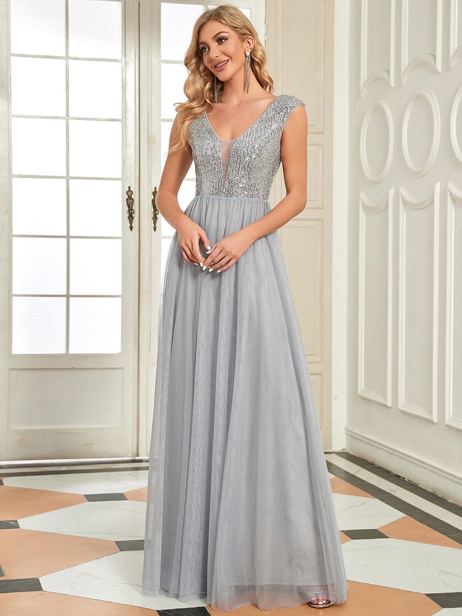 A-Line V-Neck Sequin Dress Women's Floor-Length Prom Dresses