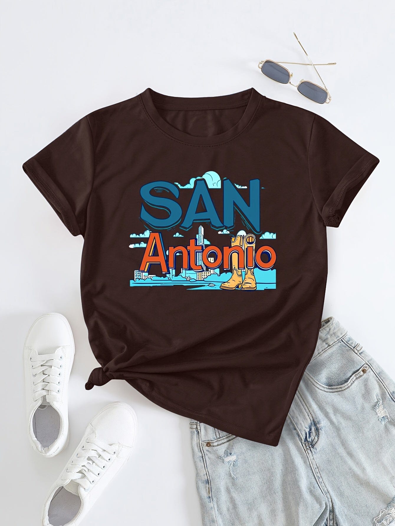 Alphabets & Cityscape Print Crew Neck Top