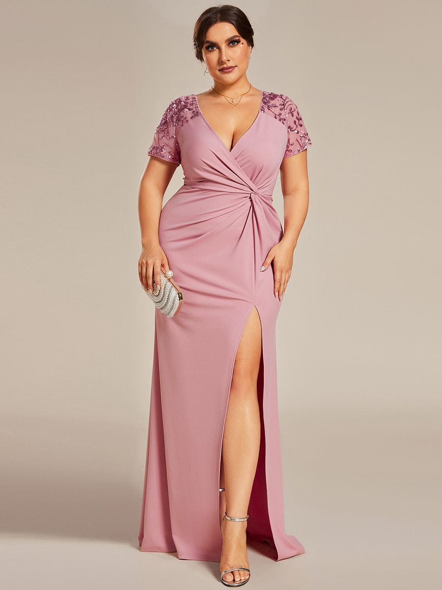 Deep V-Neck Sequin Short Sleeve High Side Front Slit Mother of the Bride Dress