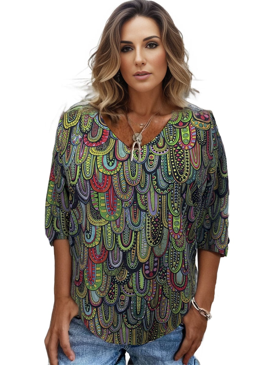 Plus Size Boho Top, Women's Plus Allover Paisley Print Half Sleeve V Neck Slight Stretch Top
