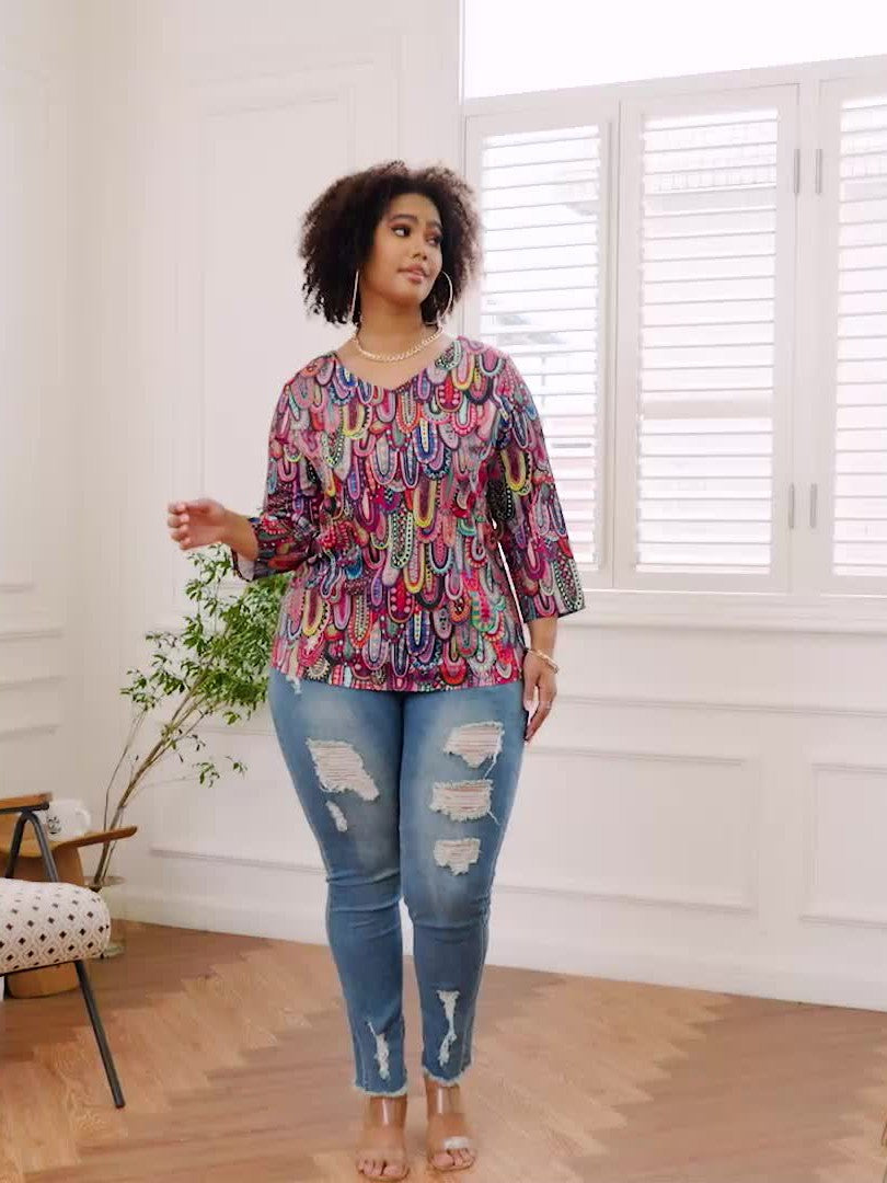 Plus Size Boho Top, Women's Plus Allover Paisley Print Half Sleeve V Neck Slight Stretch Top