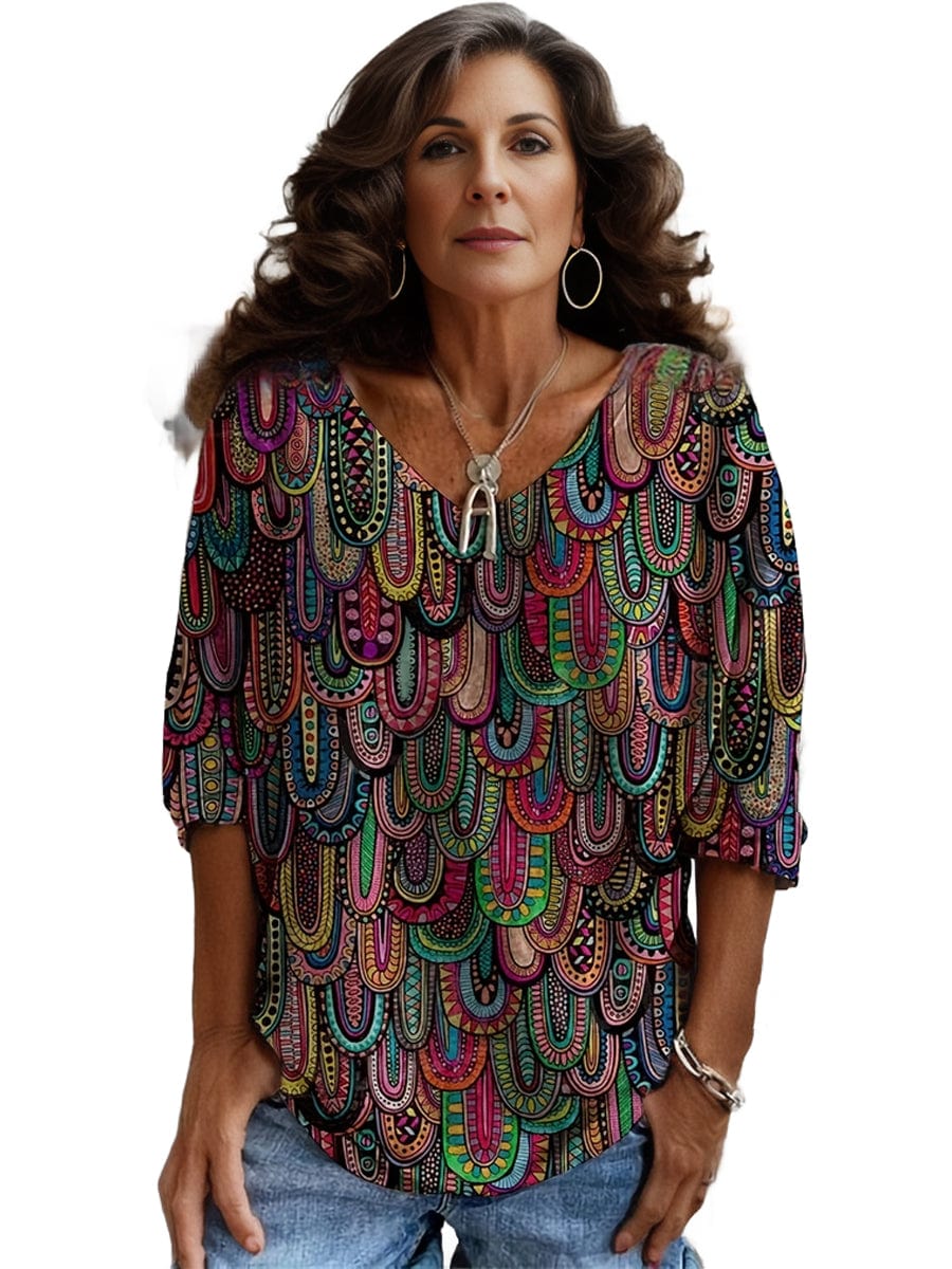 Plus Size Boho Top, Women's Plus Allover Paisley Print Half Sleeve V Neck Slight Stretch Top