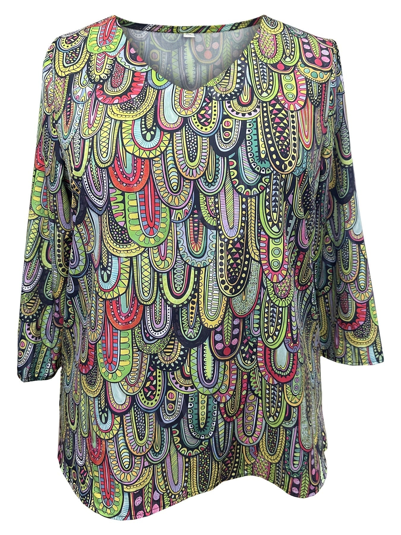 Plus Size Boho Top, Women's Plus Allover Paisley Print Half Sleeve V Neck Slight Stretch Top