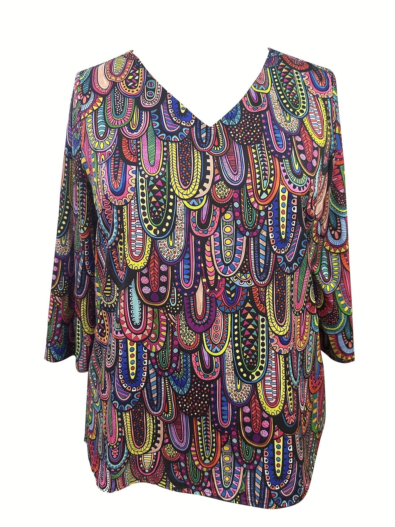 Plus Size Boho Top, Women's Plus Allover Paisley Print Half Sleeve V Neck Slight Stretch Top