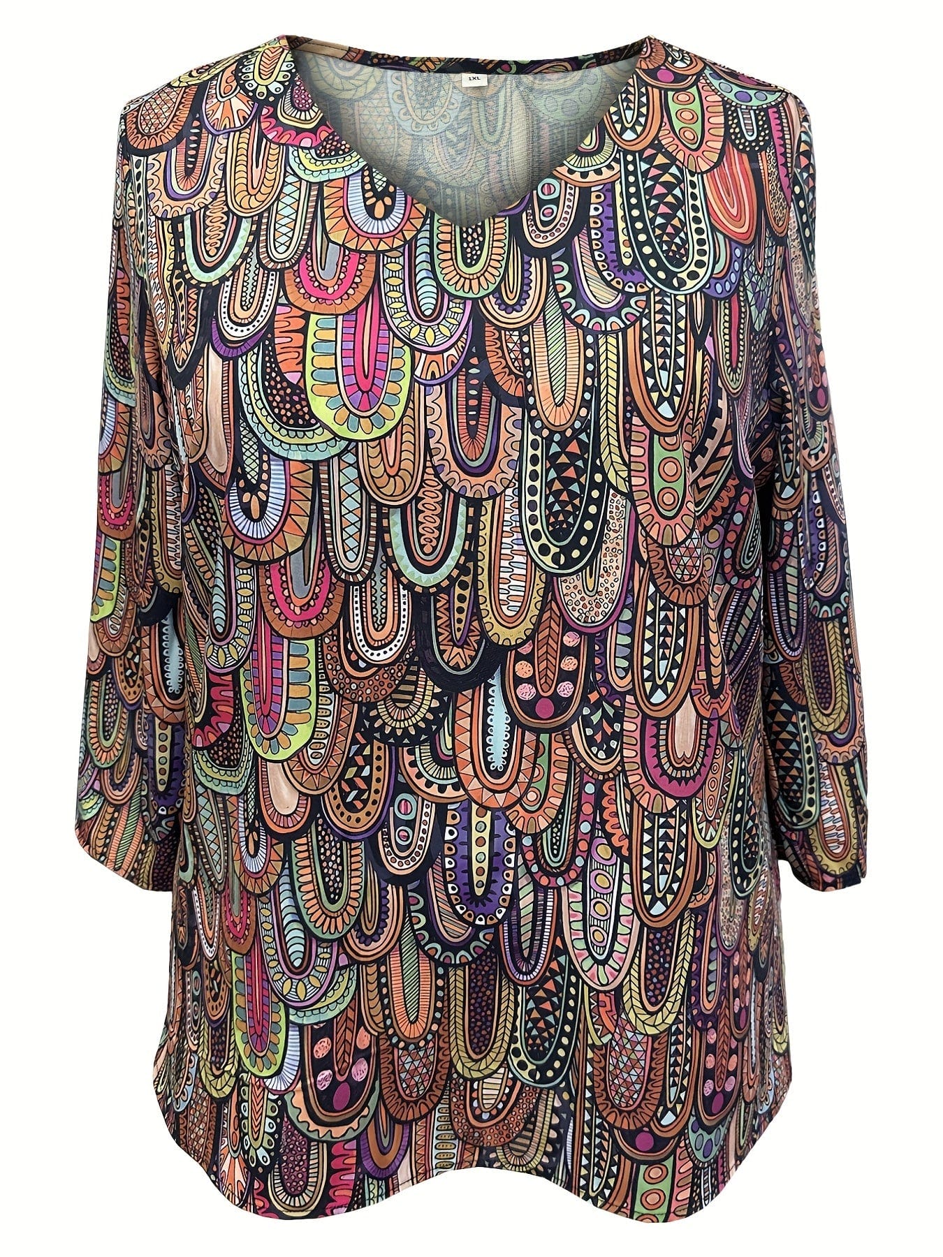 Plus Size Boho Top, Women's Plus Allover Paisley Print Half Sleeve V Neck Slight Stretch Top