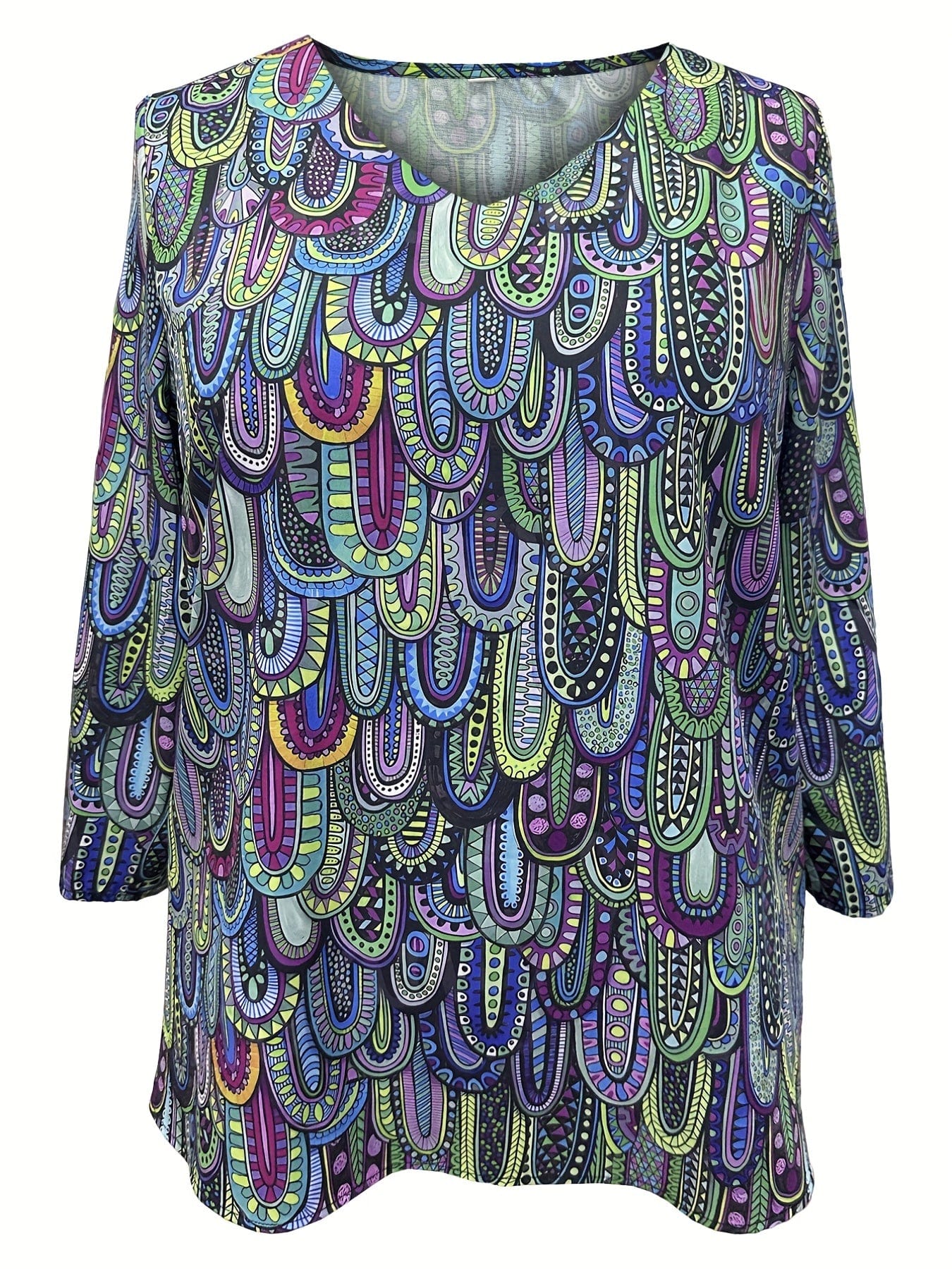 Plus Size Boho Top, Women's Plus Allover Paisley Print Half Sleeve V Neck Slight Stretch Top
