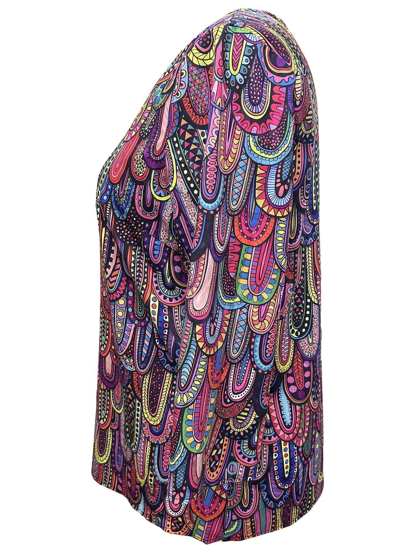 Plus Size Boho Top, Women's Plus Allover Paisley Print Half Sleeve V Neck Slight Stretch Top