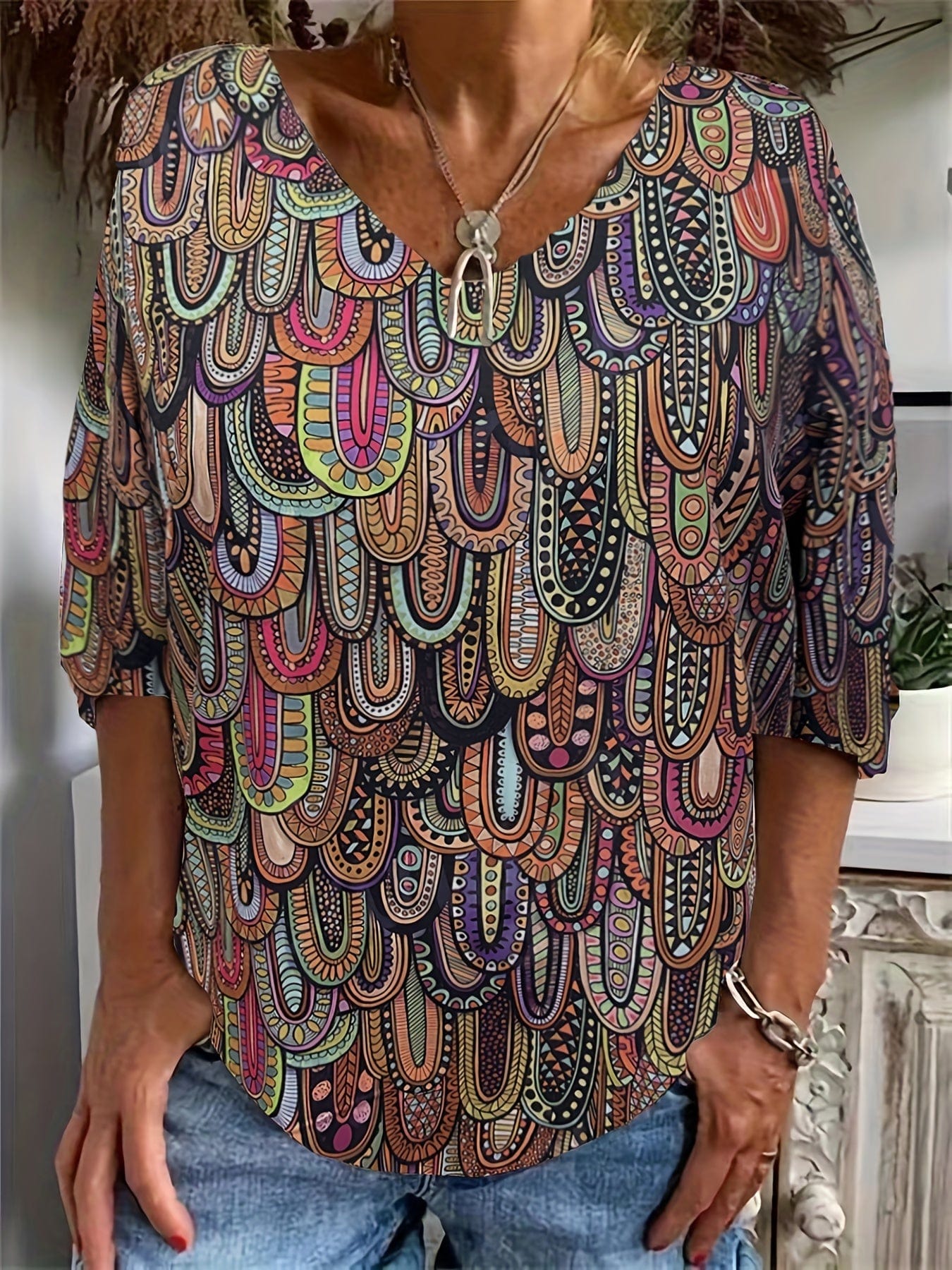 Plus Size Boho Top, Women's Plus Allover Paisley Print Half Sleeve V Neck Slight Stretch Top