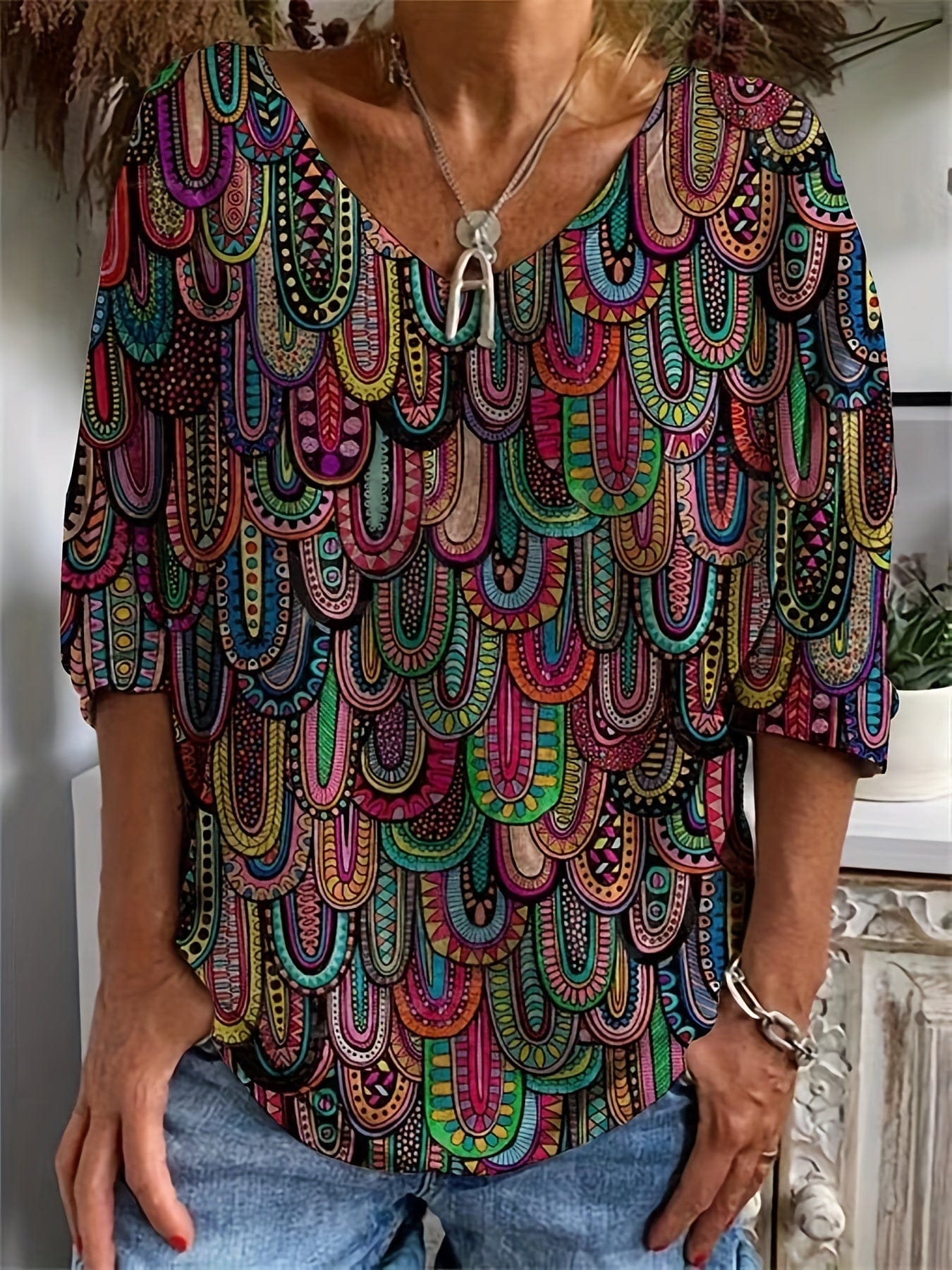 Plus Size Boho Top, Women's Plus Allover Paisley Print Half Sleeve V Neck Slight Stretch Top