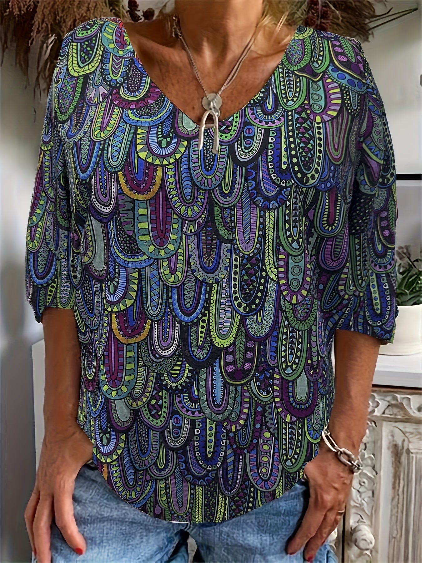 Plus Size Boho Top, Women's Plus Allover Paisley Print Half Sleeve V Neck Slight Stretch Top