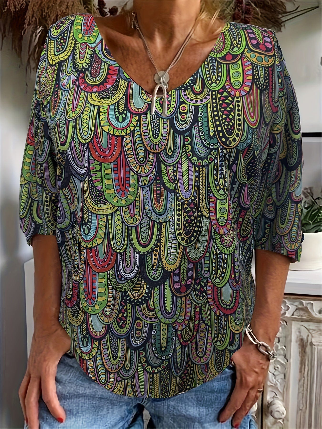 Plus Size Boho Top, Women's Plus Allover Paisley Print Half Sleeve V Neck Slight Stretch Top